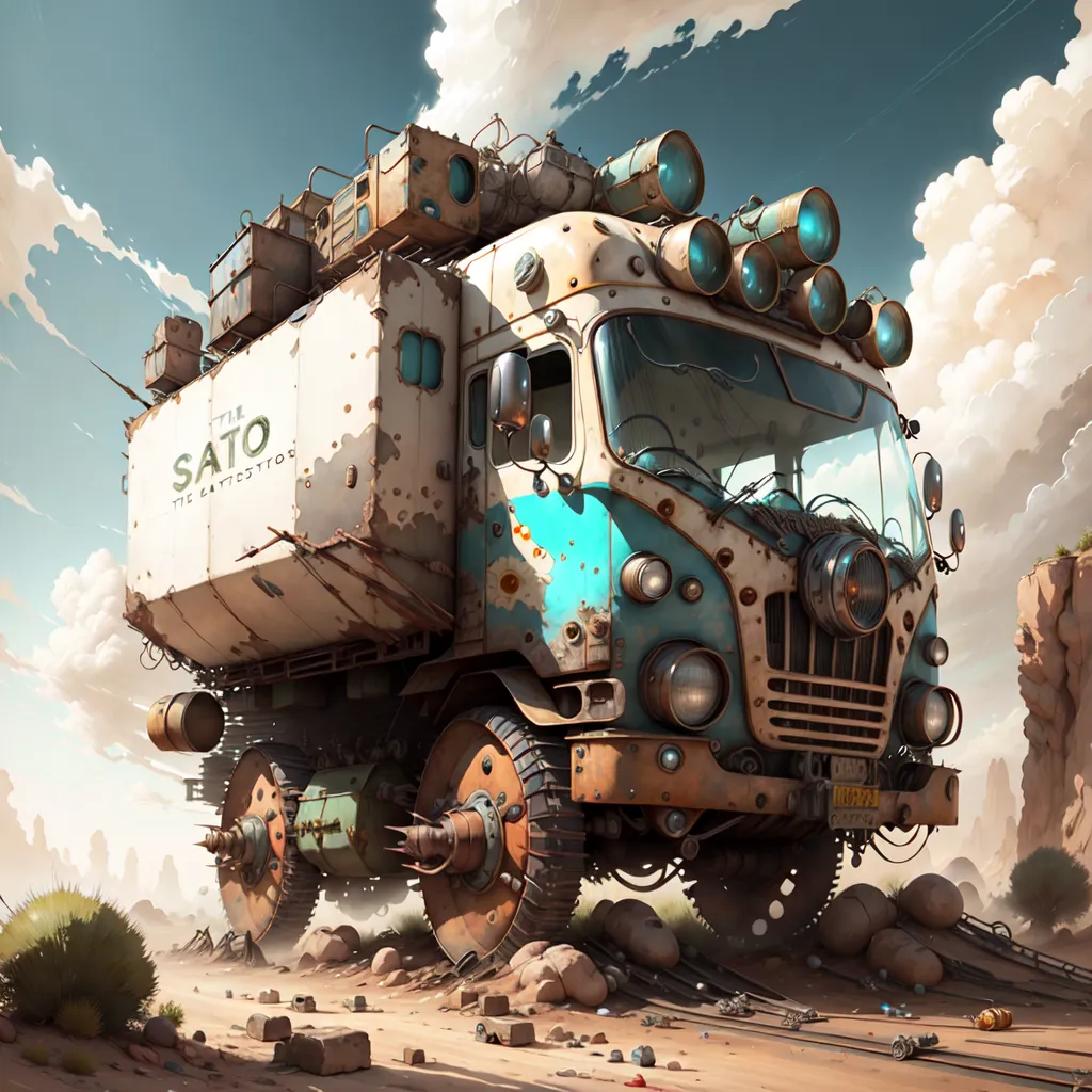 The image shows a post-apocalyptic vehicle. It is a large, rusty truck with a lot of equipment on it. It looks like it has been through a lot of wear and tear. There are boxes and other objects strapped to the roof of the truck. The truck is also very dirty and dusty. The background of the image is a desert with mountains in the distance. The sky is cloudy and there is a storm approaching. The vehicle is likely being driven by a group of people who are trying to survive in the harsh post-apocalyptic world.