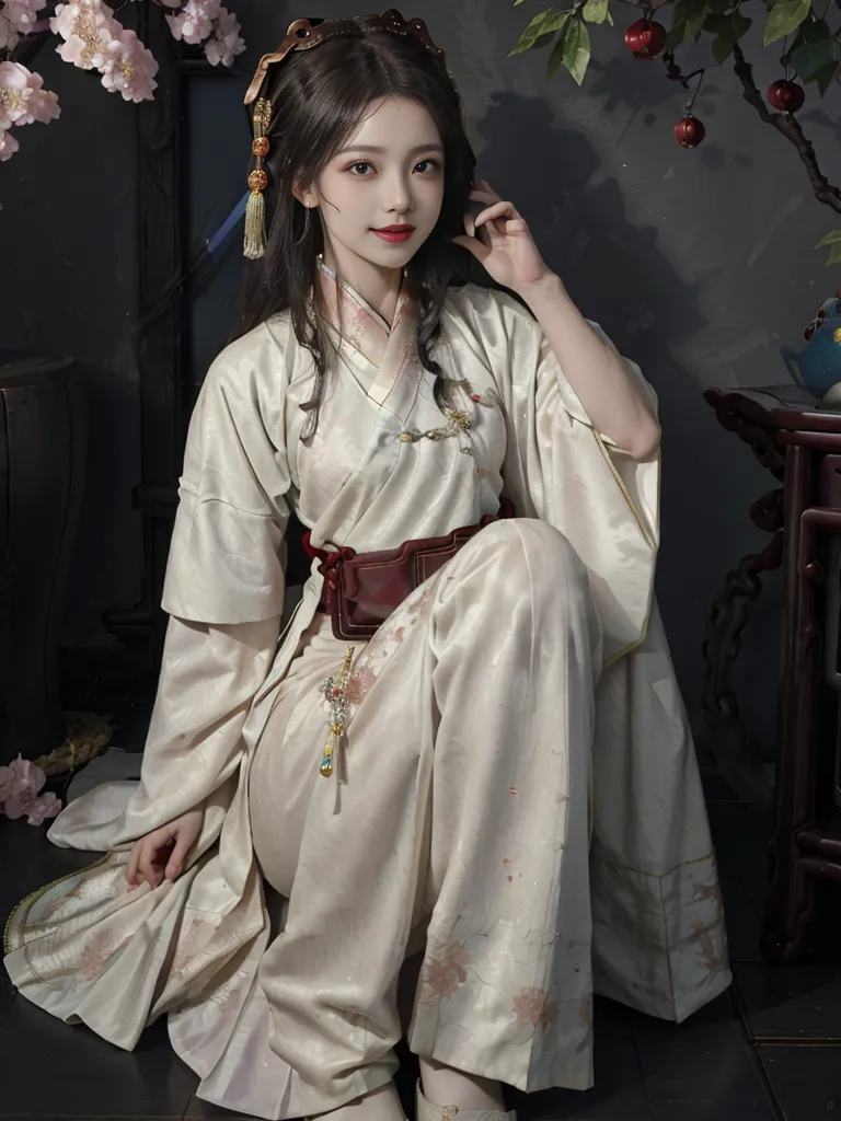 The image shows a young woman in a white and pink hanfu, a traditional Chinese dress. The hanfu has a long, flowing skirt and a short jacket with wide sleeves. The woman's hair is long and black, and she is wearing a traditional Chinese hairstyle. She is also wearing a red belt and a necklace with a jade pendant. The woman is sitting on a chair, and she has a gentle smile on her face. The background of the image is a dark grey.