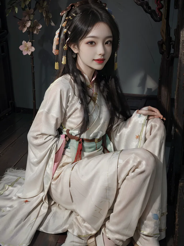 The image shows a young woman in a traditional Chinese dress. She is kneeling on the ground with one hand on her knee and the other holding the edge of her dress. The woman has long black hair and is wearing a white and pink dress with intricate details. The dress has a high collar and is cinched at the waist with a wide pink belt. The woman's hair is pulled back into a bun and she is wearing traditional Chinese hair accessories. The background of the image is a blur of pink and white flowers.