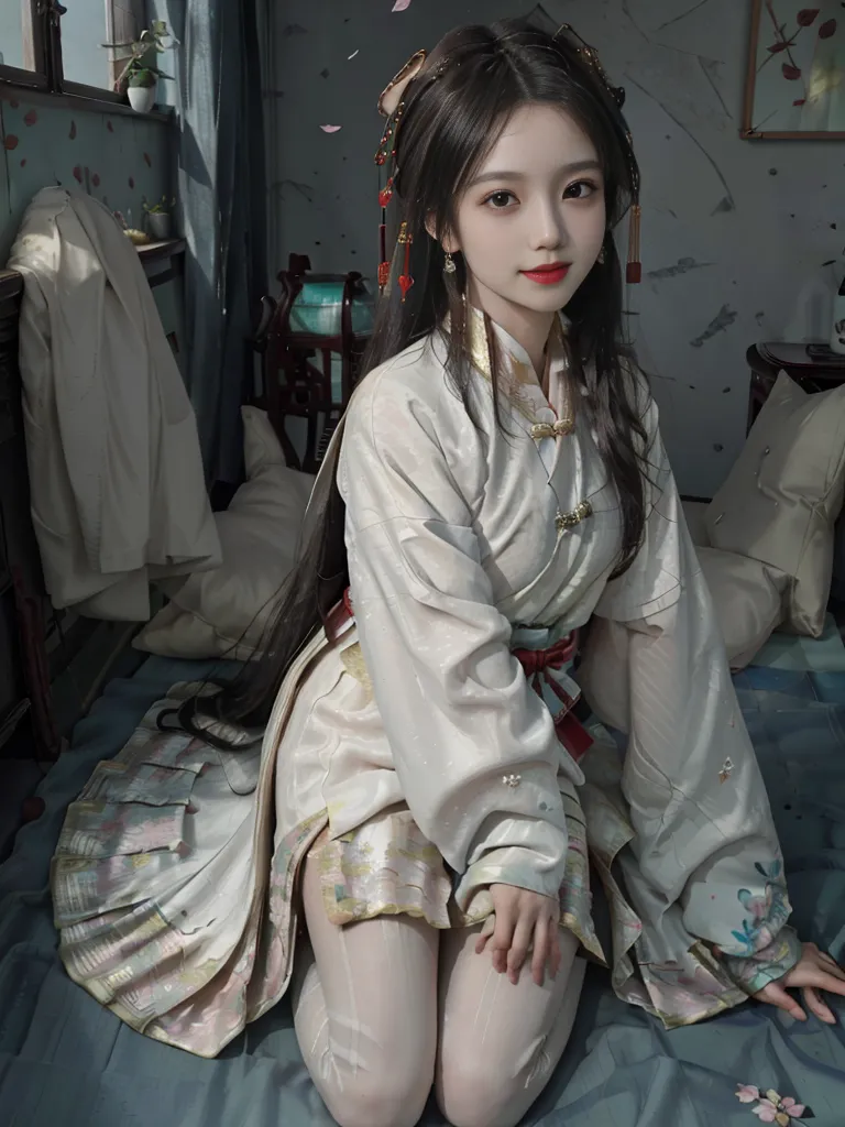 L'image montre une jeune femme à genoux sur un lit. Elle porte une robe traditionnelle chinoise appelée hanfu. La robe est blanche avec des détails rouges et dorés complexes. La femme a de longs cheveux noirs et porte un bandeau rouge. Elle regarde la caméra avec un sourire timide. En arrière-plan, il y a un mur bleu avec une peinture d'un paysage.