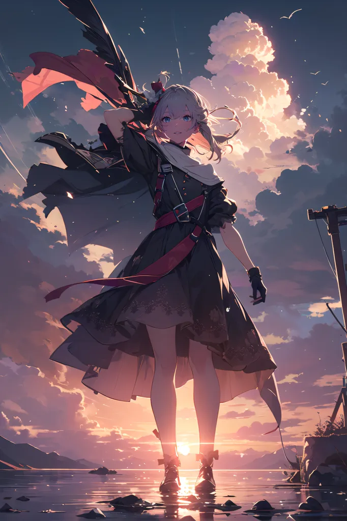 An anime girl with white hair and blue eyes is standing on a pier. She is wearing a black dress with a red sash and a white collar. She has a red and black cape blowing in the wind behind her. She is holding a large sword in her right hand. The sun is setting in the background and the sky is a gradient of orange, yellow, pink, and blue. The water is calm with small waves lapping at the edge of the pier.