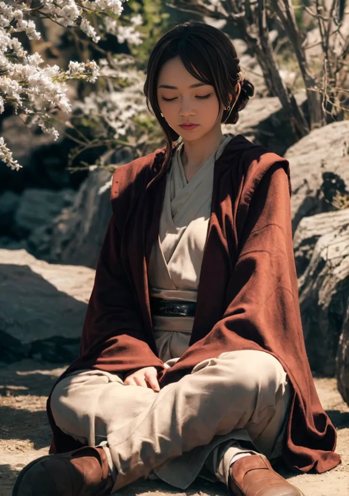 The image shows a young woman dressed in a brown Jedi robe. The robe is tied at the waist with a brown belt. The woman is sitting cross-legged on the ground, with her eyes closed and her hands resting on her knees. She is surrounded by white cherry blossoms. The background is a blur of brown rocks and green leaves.