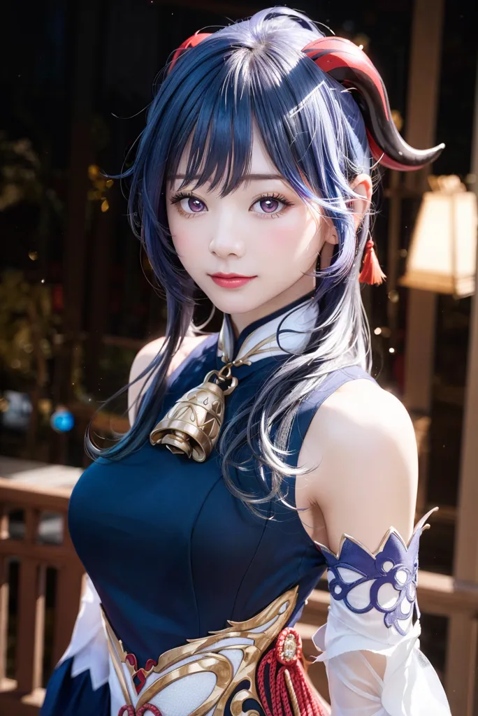 The image is a portrait of a beautiful young woman with long blue hair and purple eyes. She is wearing a blue and white dress with a golden bell on her chest. She has a gentle smile on her face and is looking at the viewer with her head tilted slightly to the right. The background is blurred and out of focus.