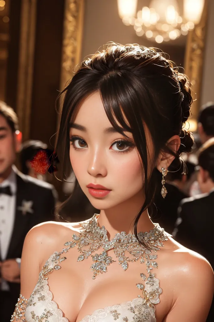 The image shows a young woman with long black hair and brown eyes. She is wearing a white dress with a sweetheart neckline and a high bun. The dress is decorated with silver and gold beads. She is also wearing a diamond necklace and diamond earrings. The woman is standing in a large room with a chandelier in the background. There are two people in the background.