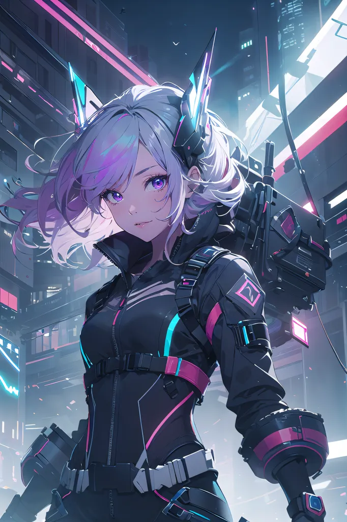 Esta é uma imagem de uma jovem mulher em pé em uma cidade futurista. Ela está usando um traje preto e roxo e tem cabelos brancos e roxos. Ela também está usando uma mochila e tem uma arma na mão. A cidade está ao fundo e é cheia de edifícios altos e luzes de néon.