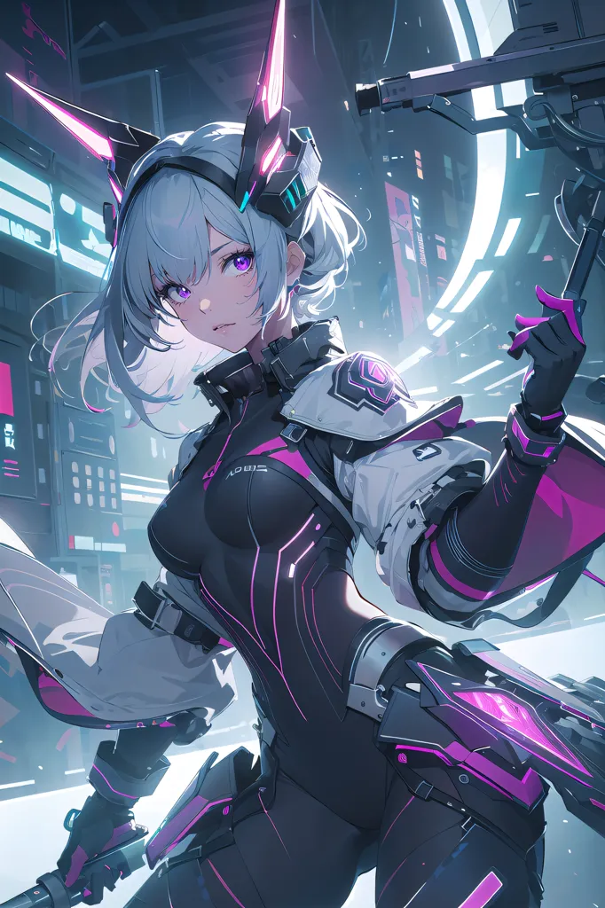 The image is of a young woman with white hair and purple eyes. She appears to be wearing a futuristic suit of armor. There are several small screens on her suit that may be displaying information or tracking her vitals. Her right hand is raised and she is pointing with two fingers. She has a gun in her left hand. The background is a blur of light and dark colors.