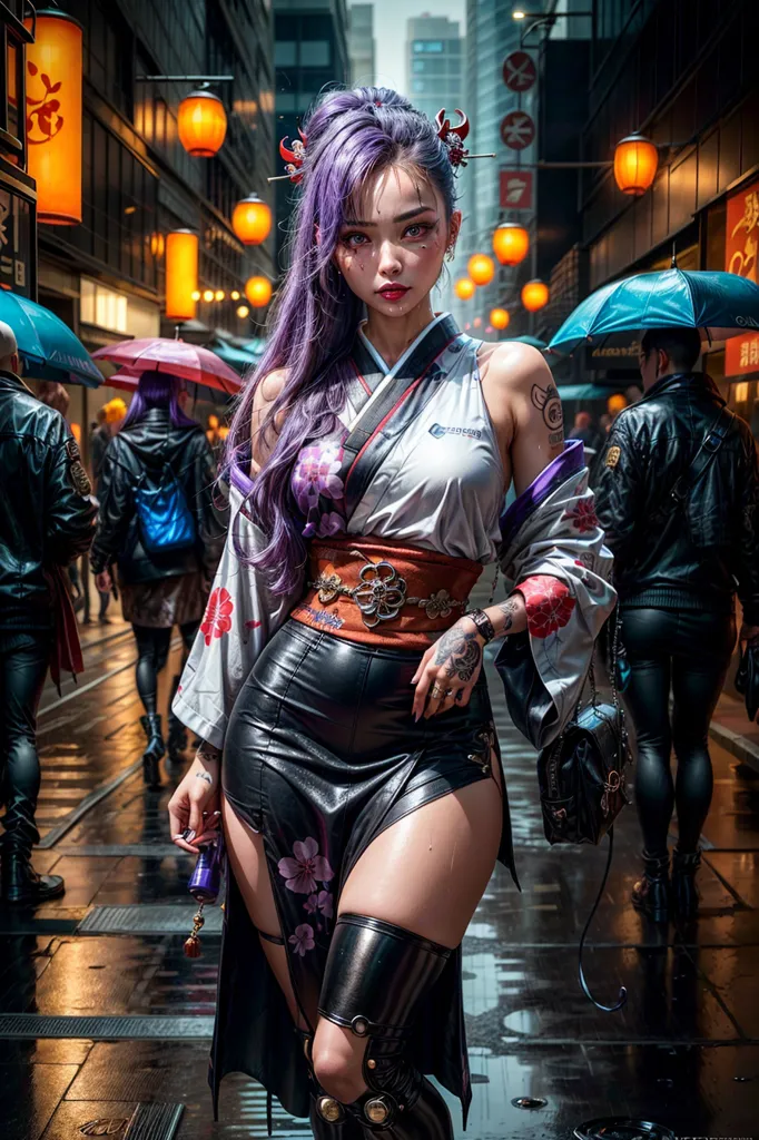 The image is of a young woman with purple hair, wearing a white and purple kimono-style outfit. The outfit is held together by a brown belt with a large buckle. She has a black leather skirt on underneath the kimono. She is also wearing black boots and a black handbag. The woman is standing in a street that is lit by red lanterns. There are people walking in the background, all wearing black.