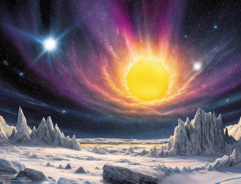 A imagem está ambientada em uma lua congelada ou outro corpo celeste gelado. A superfície é coberta de neve e gelo, com grandes montanhas ao fundo. O céu está repleto de estrelas e há um sol grande e brilhante no centro. Há outras duas estrelas menores e menos brilhantes que o sol. A imagem é muito bonita e inspiradora, e transmite a sensação da imensidão do espaço.