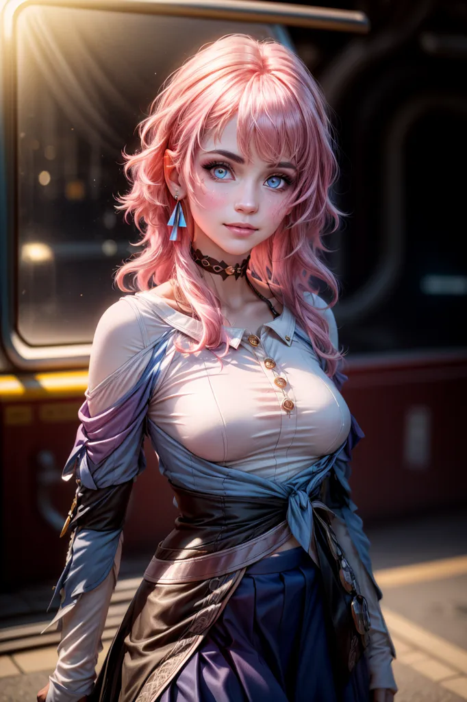 The image shows a young woman with pink hair and blue eyes. She is wearing a white blouse with a blue collar and a black skirt. She is also wearing a brown belt and a necklace with a blue pendant. Her hair is long and wavy and she has a gentle smile on her face. She is standing in front of a train and there is a bright light behind her.