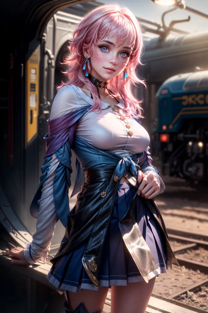 The image is a portrait of a young woman with pink hair and blue eyes. She is wearing a white blouse, a blue skirt, and a black choker. She is standing in front of a train. The background is a train station.