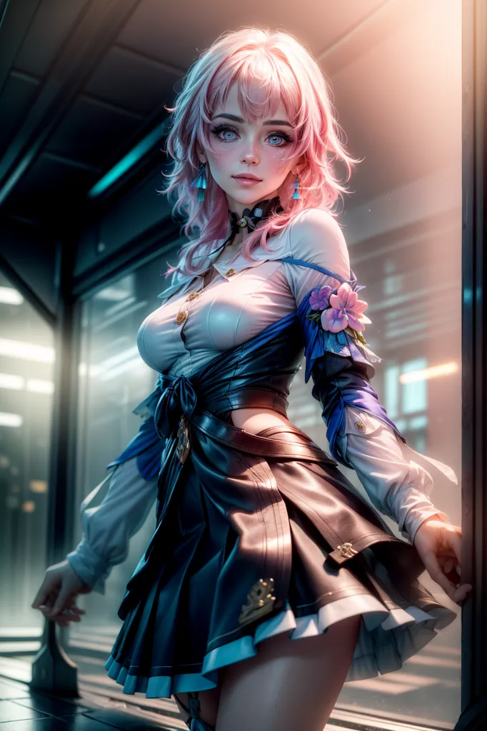 The image is an anime-style drawing of a young woman with pink hair and blue eyes. She is wearing a white blouse with a blue skirt and a pink bow. She is also wearing a necklace with a blue flower pendant. She is standing in a futuristic setting, with a large window behind her. She has a confident expression on her face.