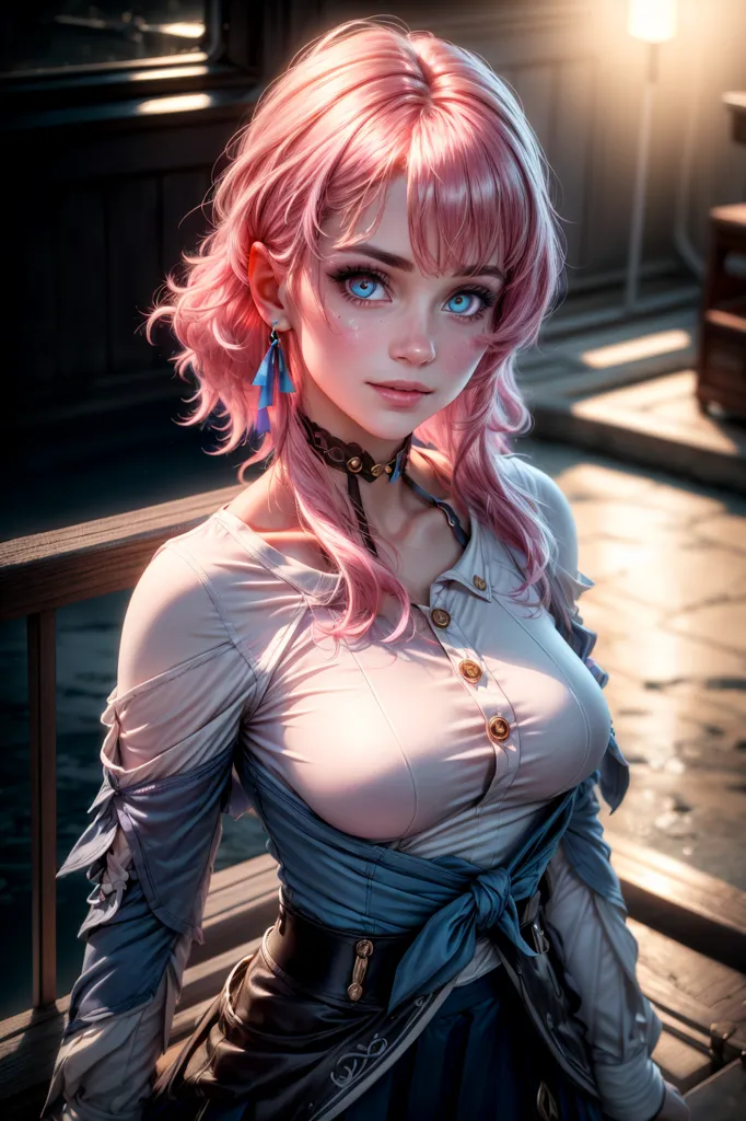 The image is a digital painting of a young woman with pink hair and blue eyes. She is wearing a white blouse with a blue sash and a brown corset. She is sitting on a wooden railing in a dimly lit room. The light from the window is casting shadows on her face and body. Her expression is serious and thoughtful.