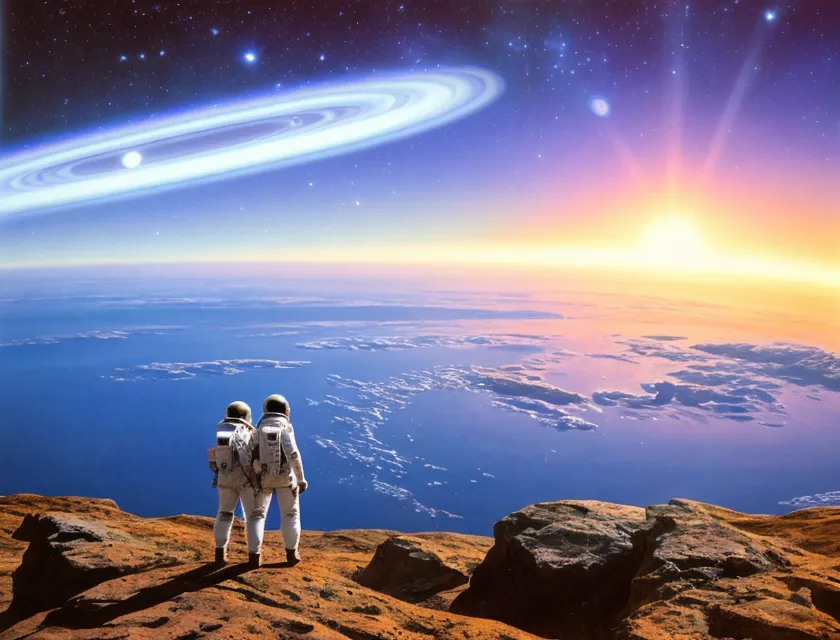 The image shows two astronauts standing on a cliff. They are looking at a beautiful view of a planet. The planet has a blue ocean and a white cloud. The sky is orange and there are many stars. There is also a large ring around the planet. The astronauts are wearing white spacesuits and they have their helmets on. They are standing close to each other. The image is very peaceful and serene.