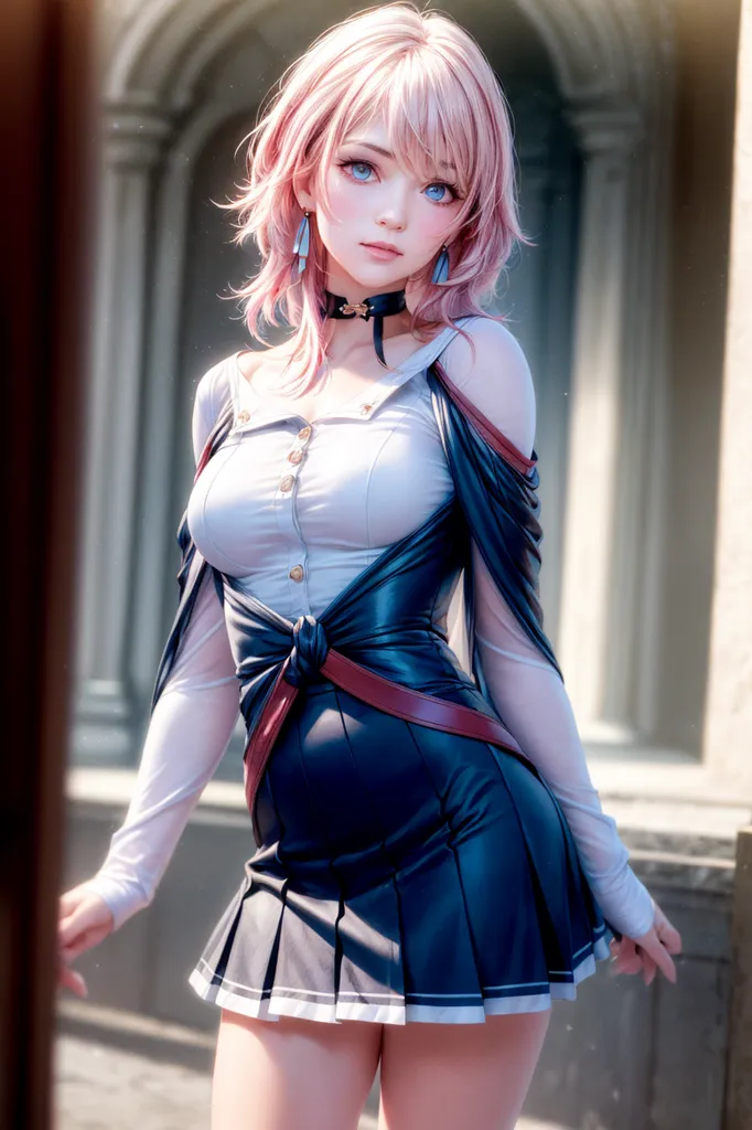 The image shows a young woman with pink hair and blue eyes. She is wearing a white blouse with a black corset and a black skirt. She is also wearing a necklace and earrings. The background is blurred, but it looks like she is in a hallway or other type of building. The woman is looking at the viewer with a slightly tersenyum expression.