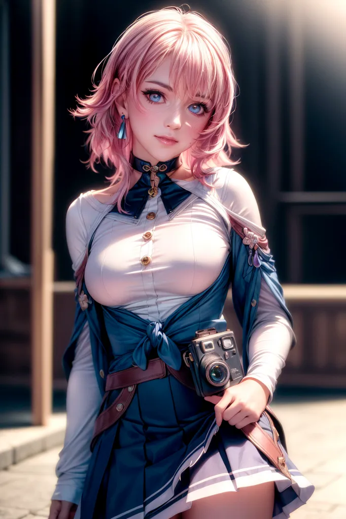 The image is a digital painting of a young woman with pink hair and blue eyes. She is wearing a white blouse with a blue skirt and a brown belt. She has a camera hanging around her neck. She is standing in front of a wooden building. The background is blurry.