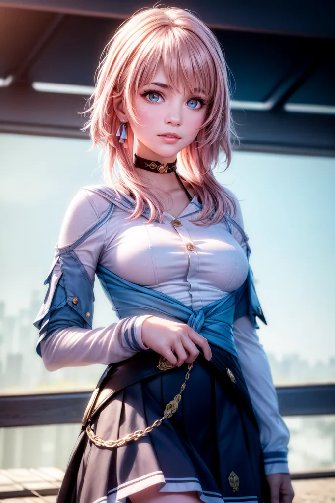 The image shows a young woman with pink hair and blue eyes. She is wearing a white shirt, a blue skirt, and a black choker. She is standing in a modern setting, possibly a city. The background is blurred, and the woman is in the foreground. She is looking at the viewer with a serious expression.