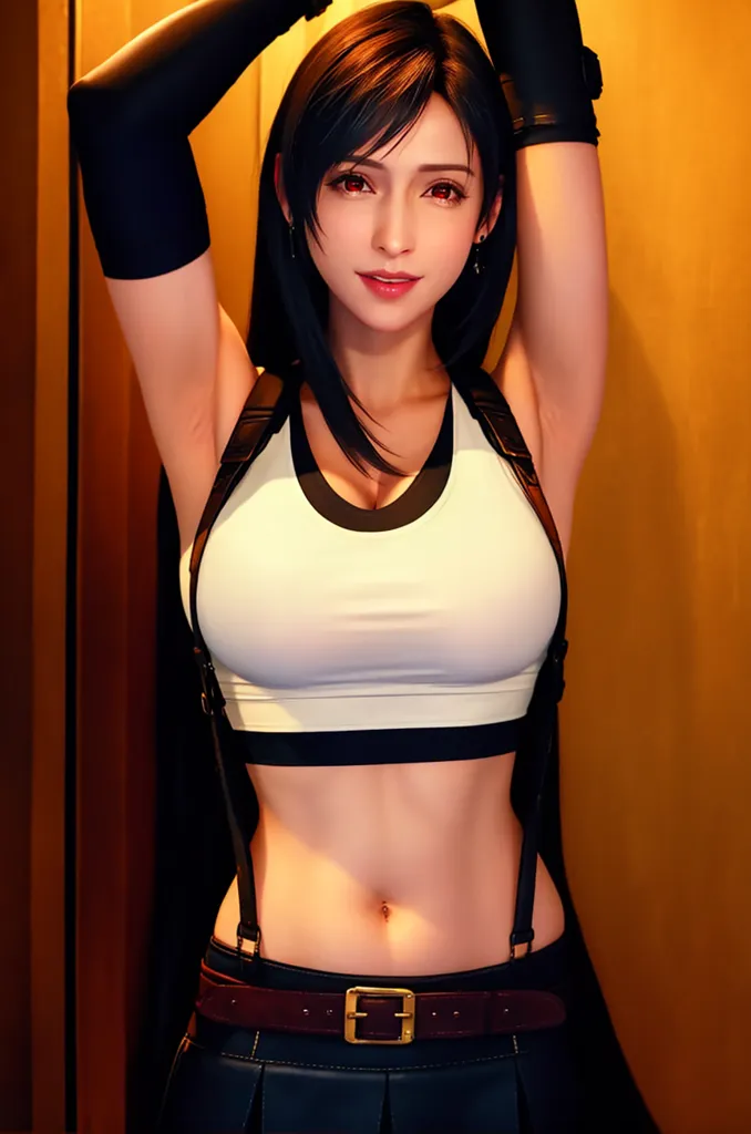 The image shows a young woman with long black hair and red eyes. She is wearing a white sports bra and a black skirt. She is standing with her arms in the air and her eyes closed. She has a confident smile on her face. The background is blurry and is the color orange.