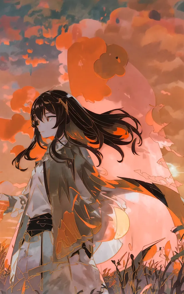 This is an illustration of a girl with long black hair standing in a field of grass. She is wearing a white shirt and a black skirt. The sky is orange, and there are clouds in the background. The girl is looking to the left of the frame. She has a determined expression on her face.