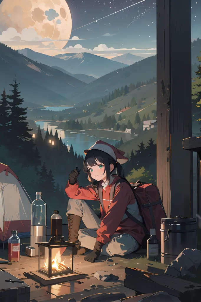 The image is of a girl camping in the mountains. She is sitting on a rock next to a campfire, looking out at the view. There is a tent behind her and a lake in the distance. The moon is full and the sky is clear. The girl is wearing a red and white hat, a red jacket, and brown pants. She has a backpack on and is holding a cup. There is a lantern on the ground next to her.