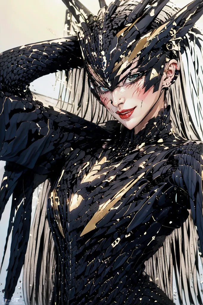 The image is a portrait of a woman wearing a black and gold-colored bodysuit. The bodysuit has a reptilian appearance, with scales and feathers. The woman has long white hair and red lips. She is looking at the viewer with a confident expression. The background is white with a few splashes of color.