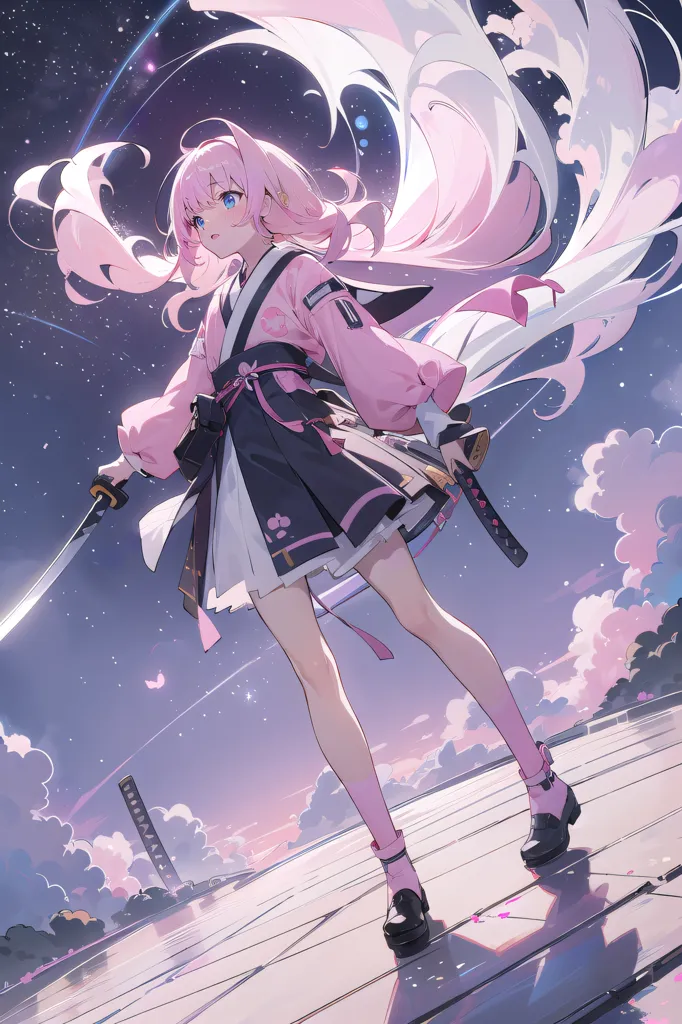 The image is of a young woman standing on a rooftop. She is wearing a kimono and holding a katana. The woman has pink hair and blue eyes. She is looking down at the viewer with a serious expression. The background is a night sky with clouds. There are cherry blossoms falling around her.