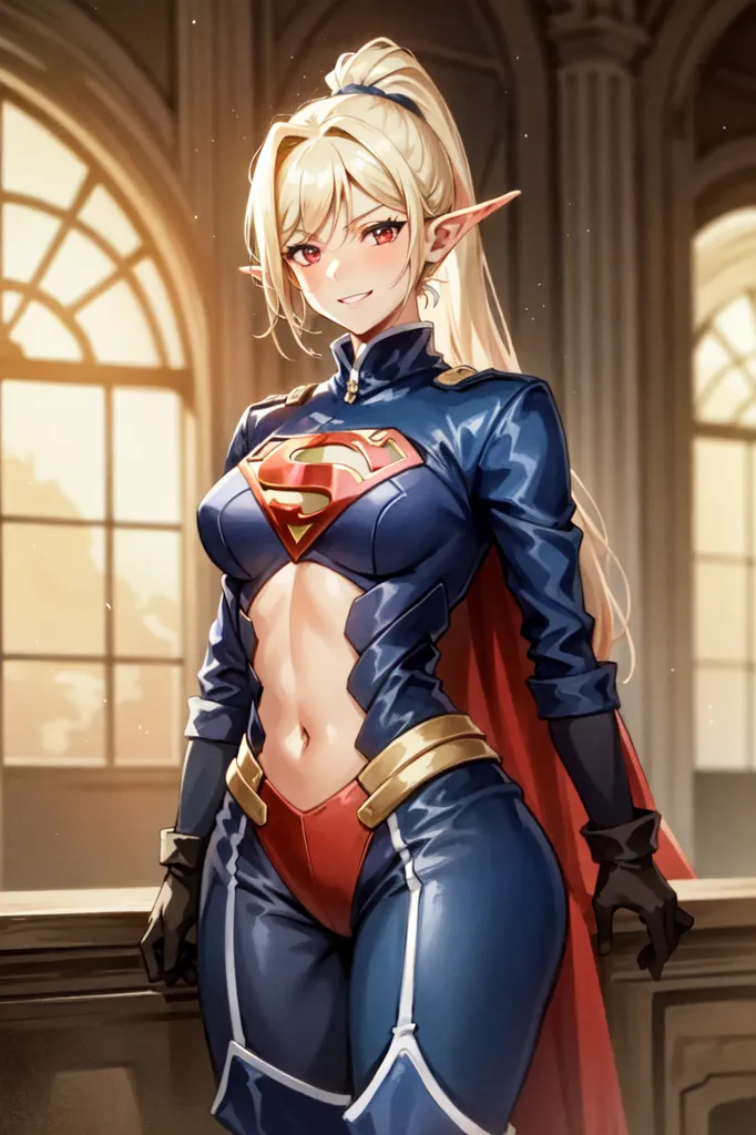 This image shows a woman with long blond hair and red eyes. She is wearing a blue and red superhero costume with a yellow "S" on the front. She has a confident smile on her face and is standing with her hands on her hips. There is a building with large windows in the background.