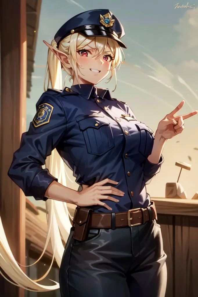 A imagem retrata uma policial em estilo anime com cabelos loiros longos e olhos vermelhos. Ela está usando um uniforme policial azul com uma camisa branca e gravata preta, além de um cinto marrom e botas pretas. Ela tem uma expressão confiante no rosto e está fazendo um sinal de paz com a mão direita, enquanto mantém a mão esquerda no quadril. Ela também tem orelhas pontudas, indicando que ela é uma elfa.