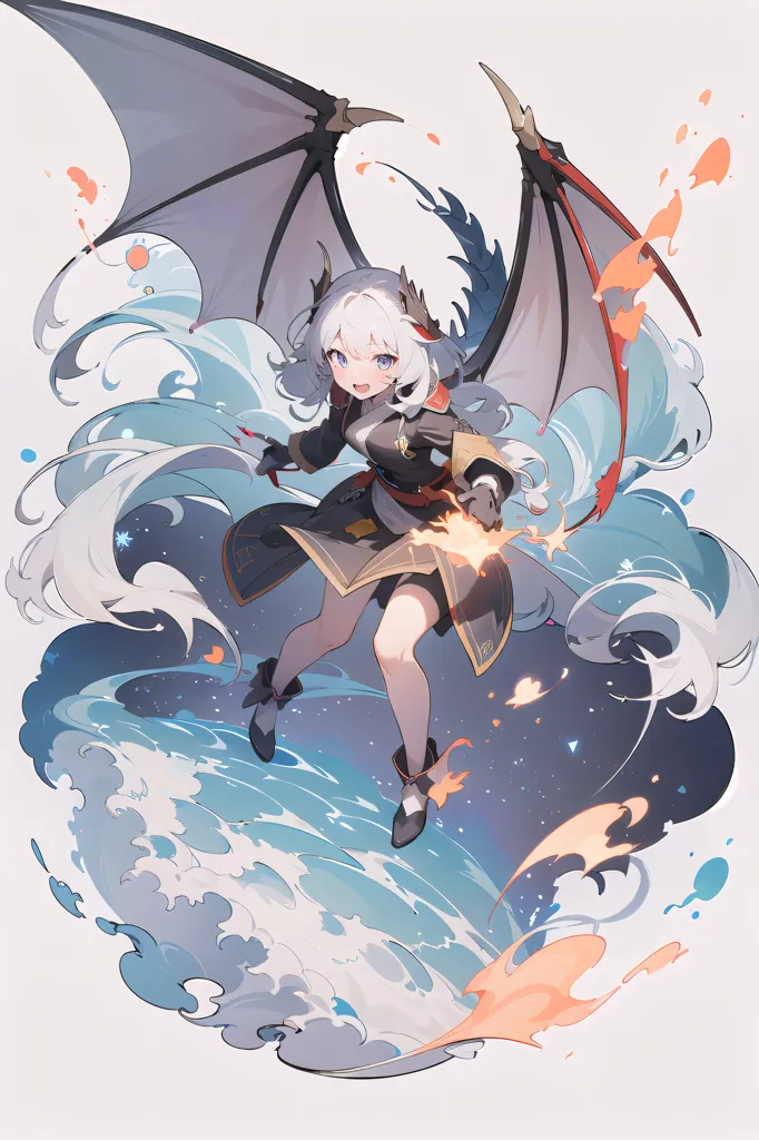 The image is a painting of a young woman with white hair and black and red wings. She is wearing a black and red dress and is holding a sword. She is standing on a wave of water and is surrounded by clouds. The background is white and there are some red and orange splashes of paint.