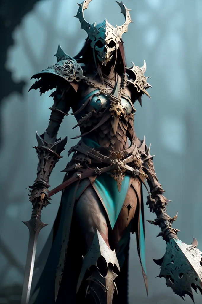 The image is of a female warrior. She is wearing a suit of armor that is black and grey. The armor has spikes on the shoulders and a skull on the chest. She is also wearing a blue skirt. She has two swords and a mace. She has long black hair and a skull-like face. She is standing in a dark forest.