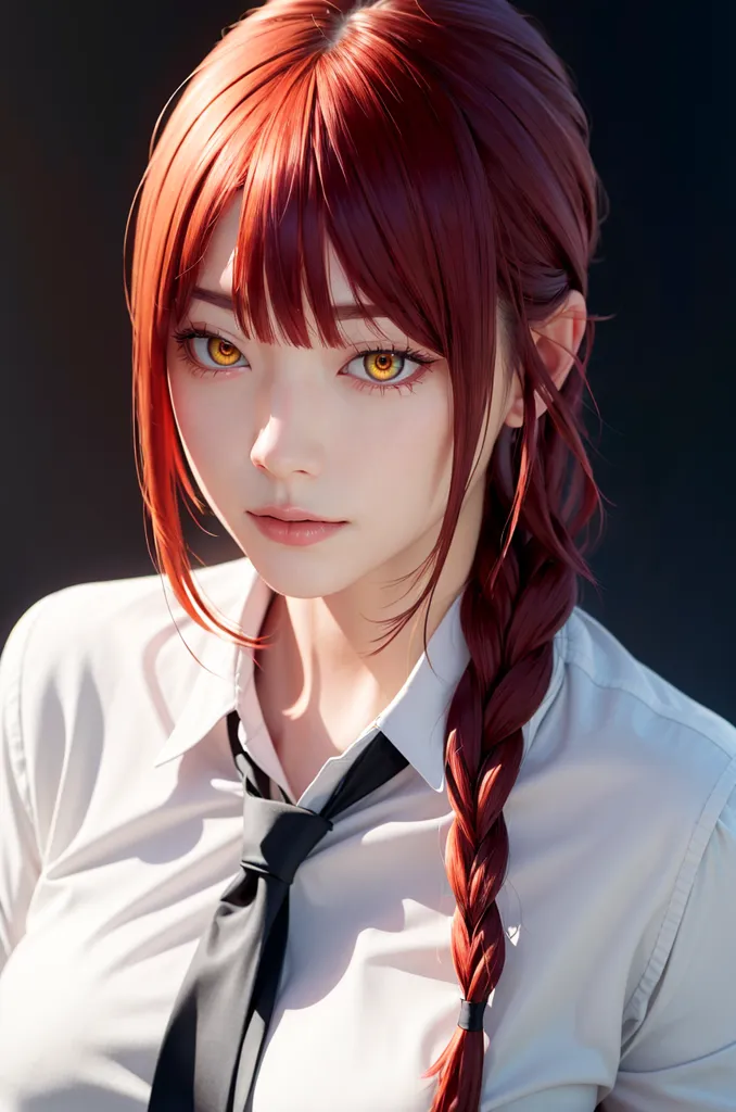 This is an image of a young woman with long red hair and yellow eyes. She is wearing a white shirt and a black tie. The image is a close-up of her face, and she is looking at the viewer with a serious expression. The background is dark, and the light is focused on her face.