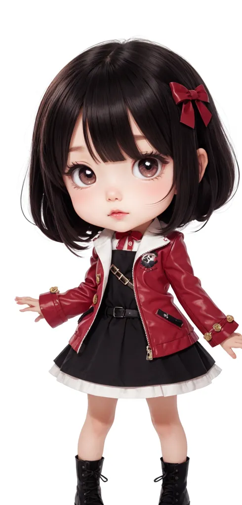 The image shows a young girl with short black hair and brown eyes. She is wearing a red leather jacket, a black dress, and black boots. She has a red bow in her hair and is standing with her arms outstretched. The background is white and there is a soft light shining on her.