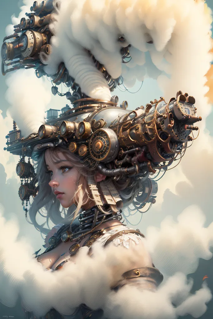 The image is a portrait of a young woman. She has pale skin, light blue eyes, and long white hair. She is wearing a steampunk-style hat that is made of metal and has a variety of gears and cogs attached to it. The hat is also decorated with white feathers. The woman is wearing a white dress that is trimmed with brown leather. She is also wearing a pair of goggles that are made of metal and have brown lenses. The woman is standing in front of a cloudy background.