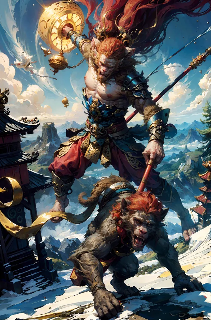 The image is a depiction of the Monkey King, a character from the Chinese novel Journey to the West. He is standing on a mountain peak, holding a staff in one hand and a peach in the other. He is wearing a red and gold robe, and his hair is flowing in the wind. There is a pagoda on the mountain peak behind him.