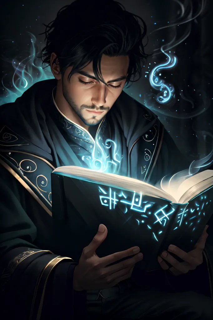 The image is of a young man with long black hair and a beard. He is wearing a dark blue robe with gold trim. He is reading a book with a glowing blue light coming from it. The background is dark with a blue light on the left side. The man's expression is one of concentration.