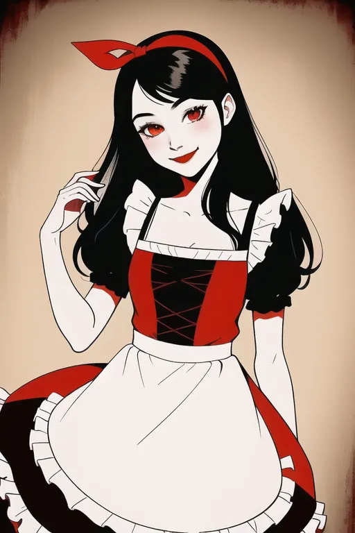 The picture shows a girl with long black hair. She is wearing a red and white maid outfit with a red bow in her hair. The girl has red eyes and a pale complexion. She is smiling and has a slight blush on her cheeks. The background is a light brown color.