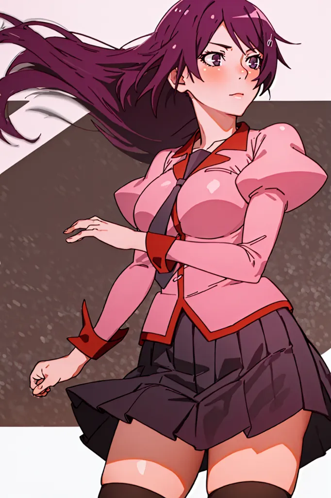 The image shows a young woman with long purple hair. She is wearing a pink blazer, a white button-down shirt, and a gray skirt. She is also wearing a red tie and black boots. The woman is standing in a determined pose, with her left hand outstretched and her right hand on her hip. She has a serious expression on her face. The background is white, with a few gray lines.