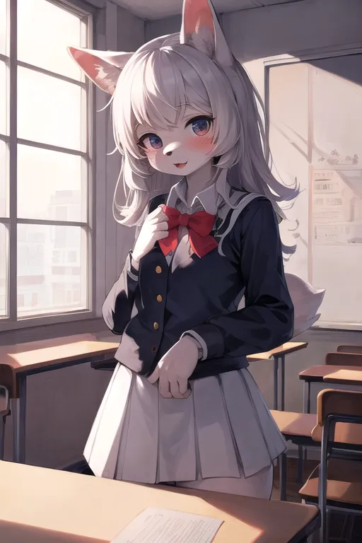 The image shows a young girl with white hair and fox ears. She is wearing a school uniform consisting of a navy blazer, white blouse, and gray skirt. She has a red bow tied around her neck. The girl is standing in a classroom. There are empty desks and chairs in the background. The girl is looking at the viewer with a shy smile on her face.