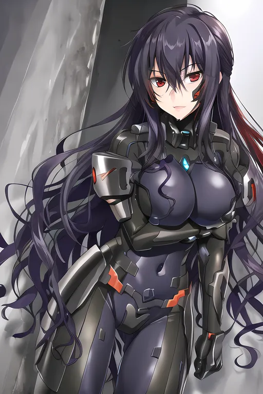 The image shows a beautiful anime girl with long black hair and red eyes. She is wearing a black and purple bodysuit with armor plating on her chest, shoulders, and arms. She is also wearing a pair of black boots. She is standing in front of a gray background, and she has a serious expression on her face.