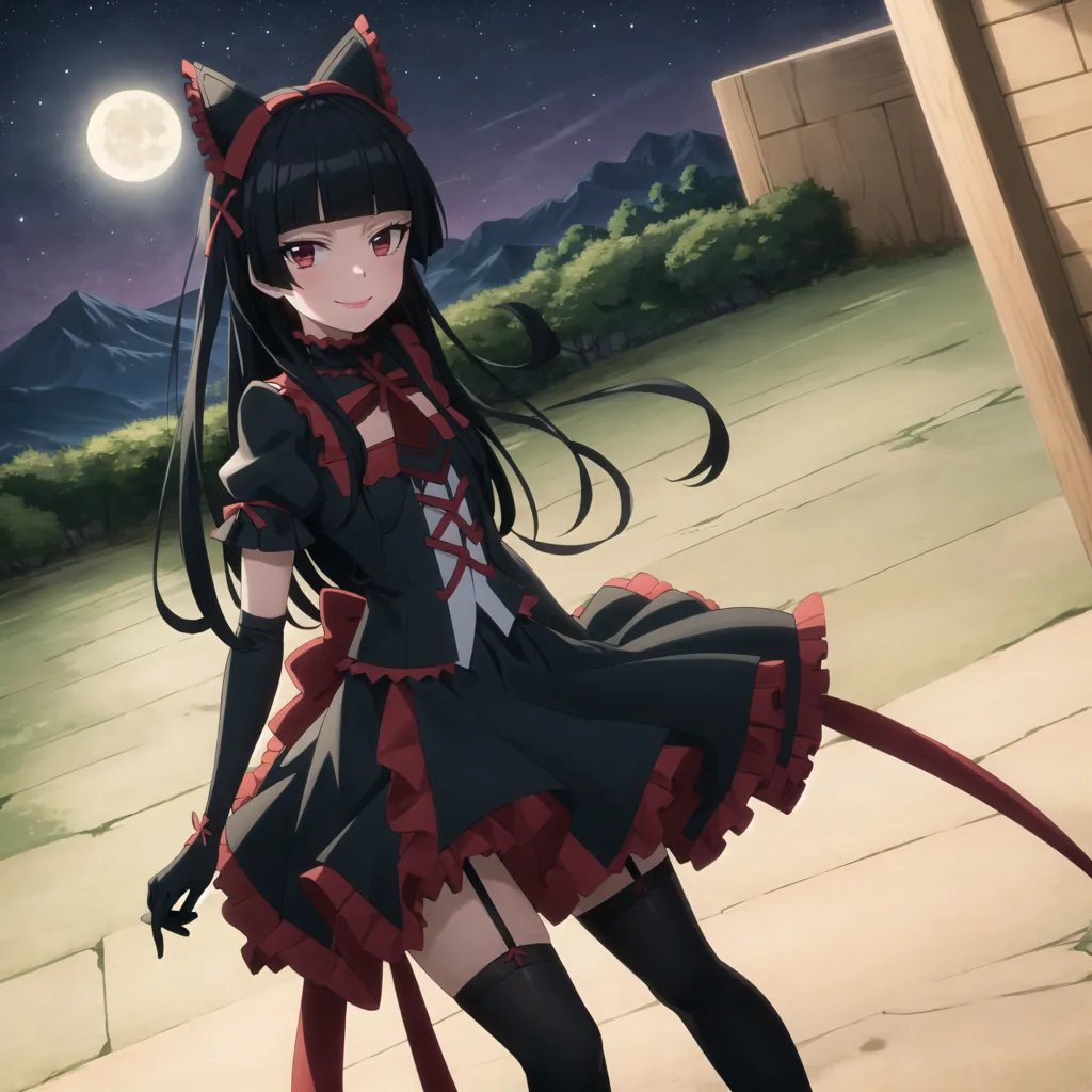 This is an image of a young girl with long black hair and red eyes. She is wearing a black and red dress with a white collar and a red bow. She is also wearing black gloves and black stockings. She has cat ears and a tail. She is standing in a field of grass with a large tree in the background. The moon is full in the sky.