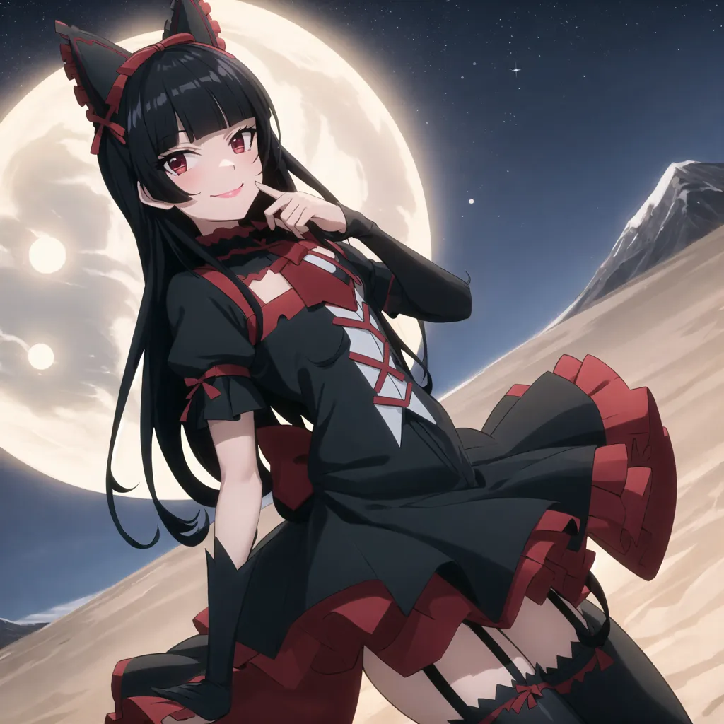 The image is of a young woman with long black hair and red eyes. She is wearing a black and red dress with a white collar. She has a sly expression on her face and is biting her finger. There is a large moon in the background and a starry sky. The moon is orange and there are two small mountains in the foreground.