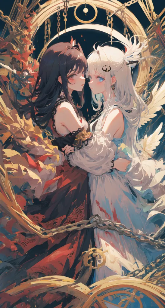 This image depicts two beautiful women in a romantic and ethereal setting. The woman on the left has long, flowing brown hair and is wearing a red and black dress, while the woman on the right has long, flowing white hair and is wearing a white dress. They are standing close to each other, with the woman in white holding the woman in black's hand. They are surrounded by a golden, glowing clock and chains. The background is a dark, starry night sky.