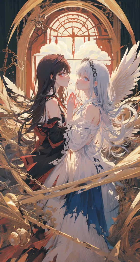 This image depicts two young women standing in front of a large window. The woman on the left has long black hair and is wearing a black dress with a red sash. She has a serious expression on her face. The woman on the right has long white hair and is wearing a white dress with a blue sash. She has a gentle smile on her face. There are chains and gears in the background.