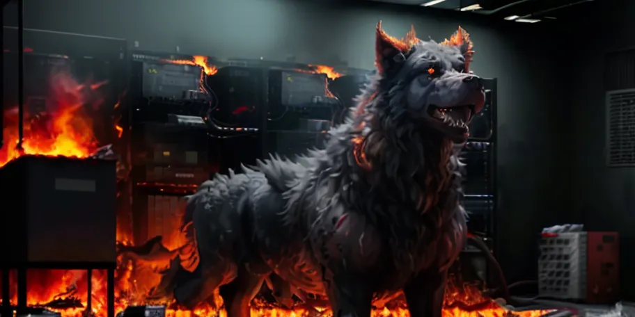 The image is a digital painting of a wolf standing in a room on fire. The wolf is in the foreground, and it is looking at the viewer with its mouth open and its teeth bared. It is standing on top of a pile of burning rubble, and there are flames all around it. The background of the image is a dark, smoky room. There are computer servers on fire behind the wolf. The wolf is white and grey, and its fur is matted and singed from the flames. Its eyes are glowing red. The image is full of tension and suspense, and it is clear that the wolf is a dangerous and powerful creature.