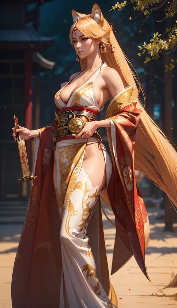 A imagem mostra uma bela mulher com longos cabelos loiros e orelhas de raposa. Ela está usando um quimono tradicional japonês com um obi branco e dourado. O quimono está aberto na frente, mostrando seu decote. Ela também está usando um par de meias tabi brancas e um par de sandálias zori. A mulher está em pé em uma floresta e há um santuário ao fundo.