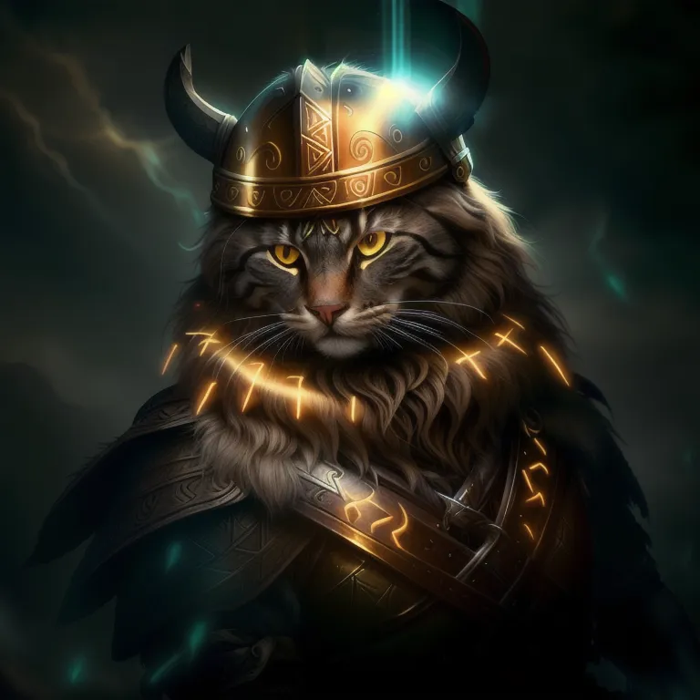 The image is a digital painting of a cat wearing a Viking helmet and armor. The cat has brown fur and yellow eyes, and it is looking at the viewer with a fierce expression. It is wearing a horned Viking helmet with a golden glow around it, and its armor is made of metal with intricate designs. The background is dark with a stormy sky.