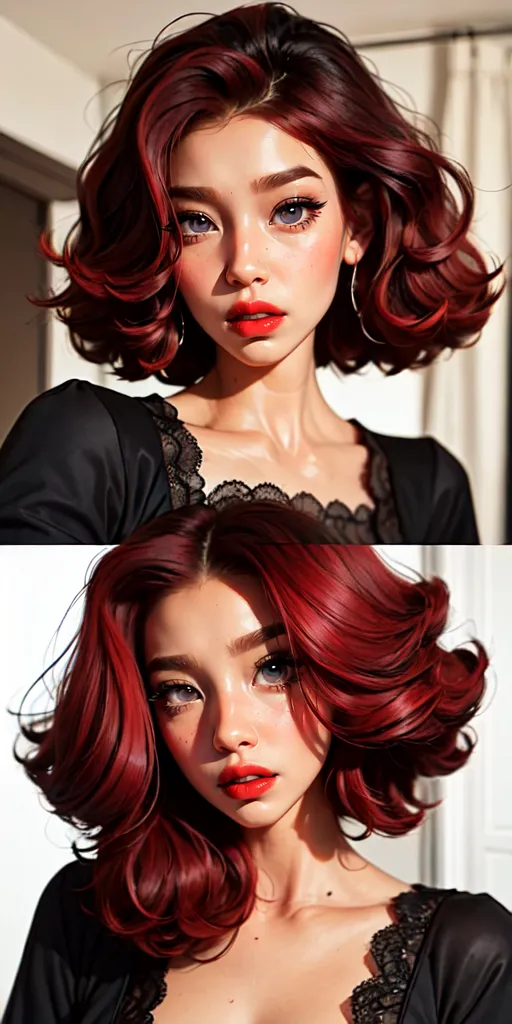 La imagen muestra a una mujer joven con cabello rojo y ojos marrones. Lleva un vestido negro con un cuello de encaje. La imagen es una pintura digital y tiene un aspecto suave y difuminado. El cabello de la mujer está peinado en un bob corto y ondulado con flequillo. La imagen está recortada cerca de su rostro, de modo que solo se ven su cabeza y sus hombros. La mujer tiene una expresión suave y serena en su rostro.