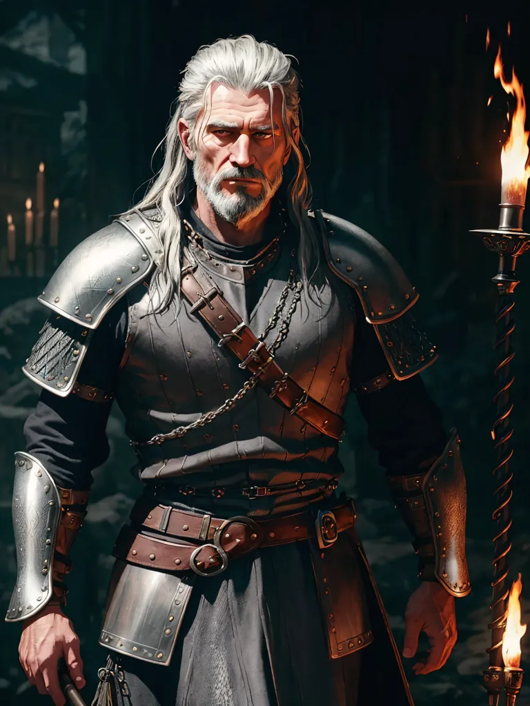 The image shows a man with long white hair and a beard. He is wearing a dark grey shirt and silver armor. He has a sword in his right hand and a torch in his left hand. He is standing in a dark room with stone walls. There are candles on the walls and a fire in the fireplace.