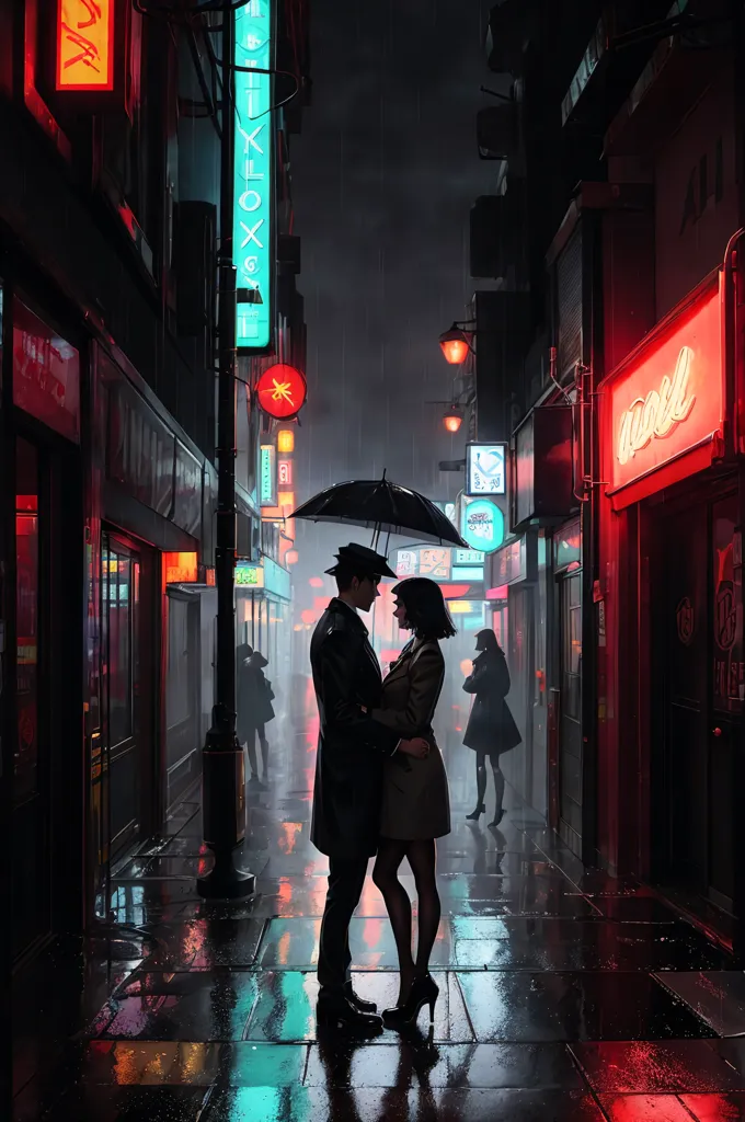 The image is set in a rainy city street at night. The street is lit by red and blue neon lights, and the rain is reflecting the light. There are people walking in the street with their umbrellas. A man and a woman are standing in the middle of the street, embracing each other. The man is wearing a hat and a long coat, and the woman is wearing a dress. They are both holding umbrellas. The image is full of atmosphere and mystery.