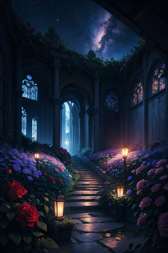 The image is a night scene of a long corridor with a high ceiling. The corridor is lit by lanterns and there are flowers growing on either side. The corridor leads to a large door at the end. The night sky is visible through the large windows in the corridor.