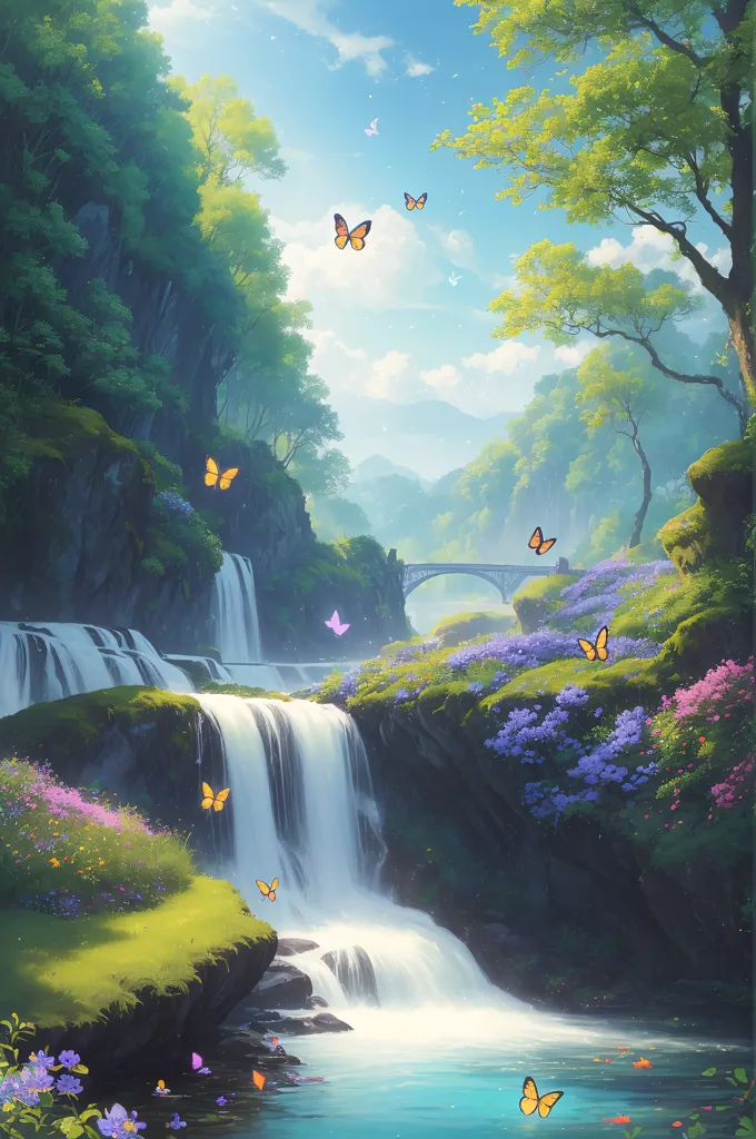 The image is of a waterfall in a forest. The waterfall is surrounded by green trees and purple flowers. There is a stone bridge in the background. The water is blue and looks very refreshing. There are also some butterflies flying around. The butterflies are yellow, orange, and purple. The image is very beautiful and peaceful.